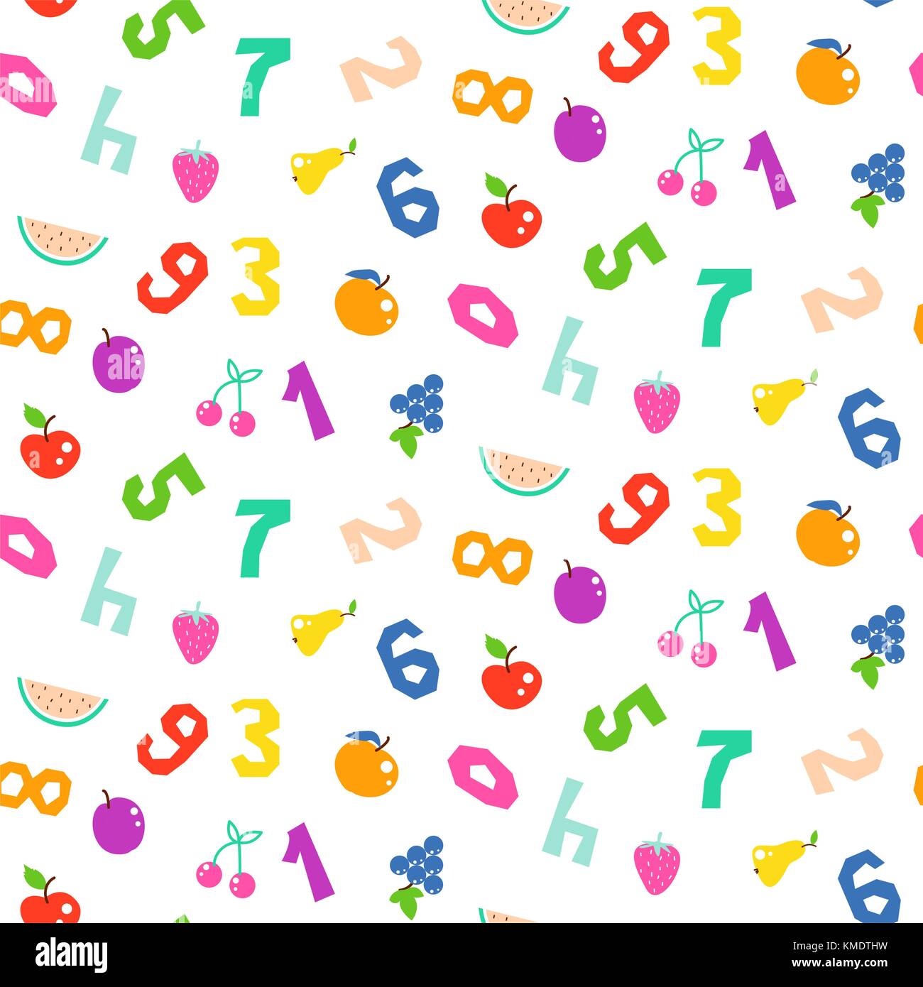 Kid numbers and fruits bright seamless vector pattern stock vector