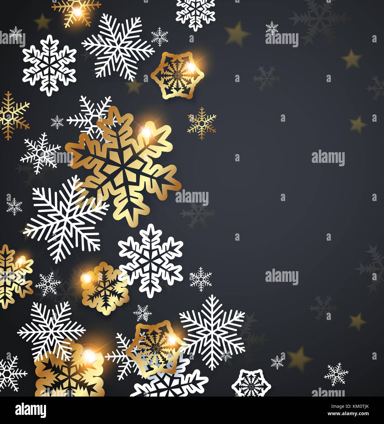 Christmas greeting card. White and golden snowflakes on a black ...