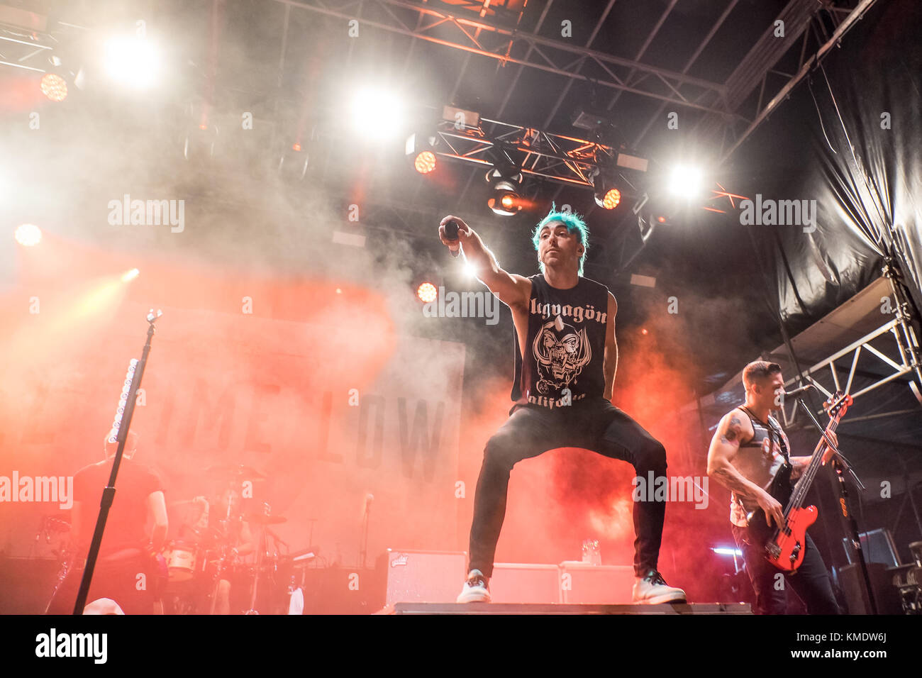 The American pop punk band All Time Low performs a live concert during the  Swiss music festival Greenfield Festival 2015 in Interlaken. Here vocalist  and guitarist Alex Gaskarth is seen live on