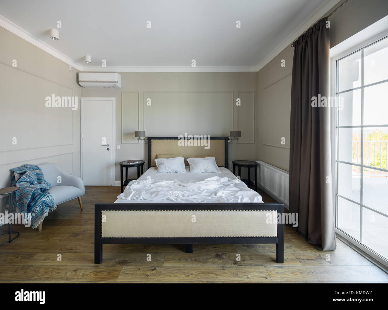 Modern bedroom with big window Stock Photo Alamy