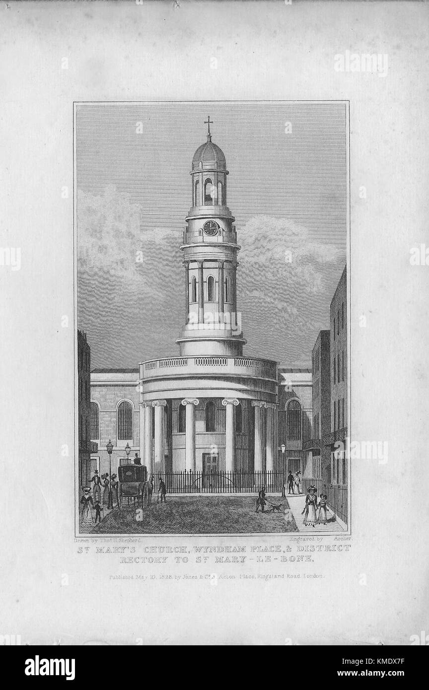 St Mary's church,Wyndham Place, engraving 'Metropolitan Improvements, or London in the Nineteenth Century' London, England, UK 1828 Stock Photo