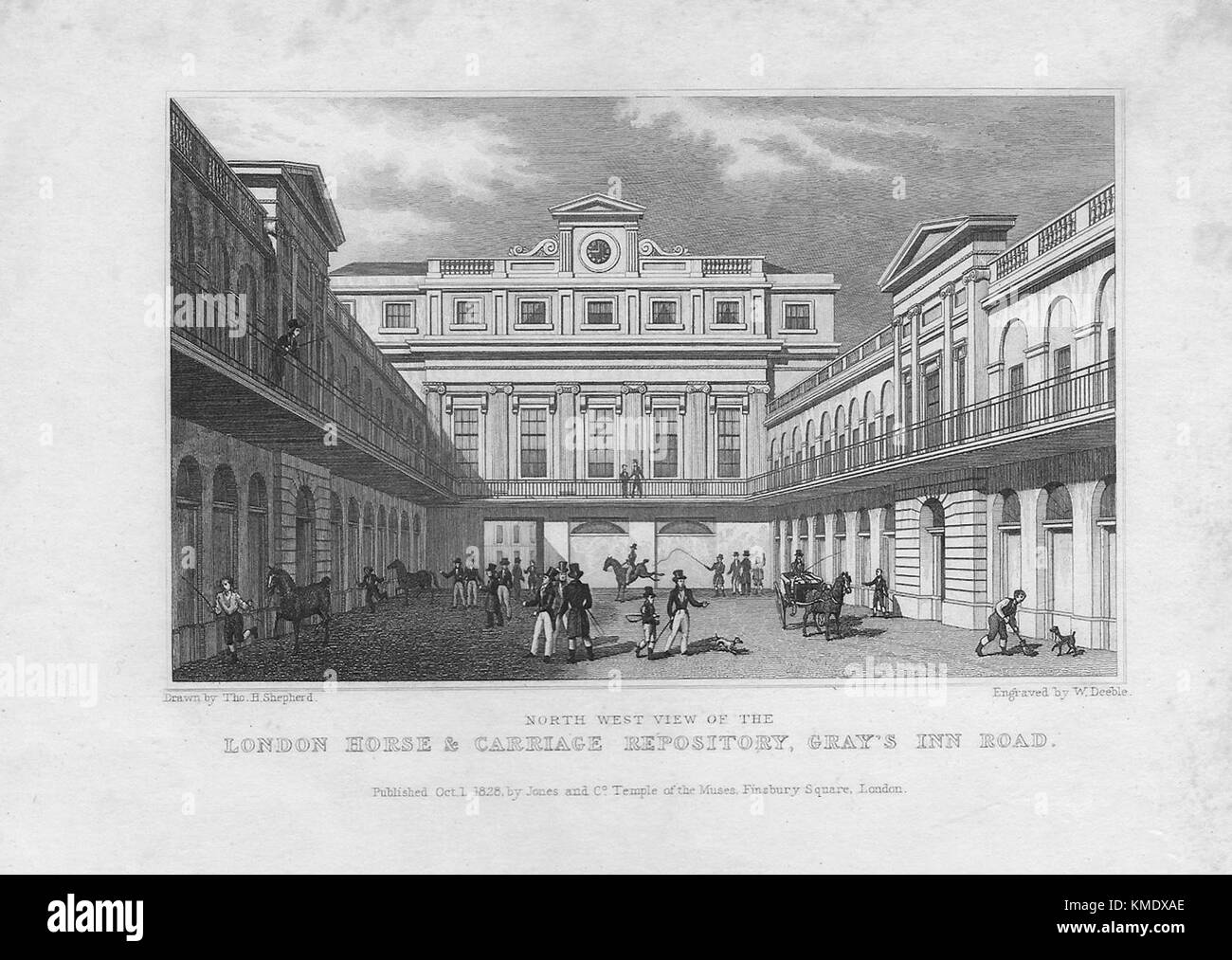 North West view London Horse & Carriage Repository, Gray's Inn Road, engraving 'Metropolitan Improvements, or London in the Nineteenth Century' London, England, UK 1828 Stock Photo