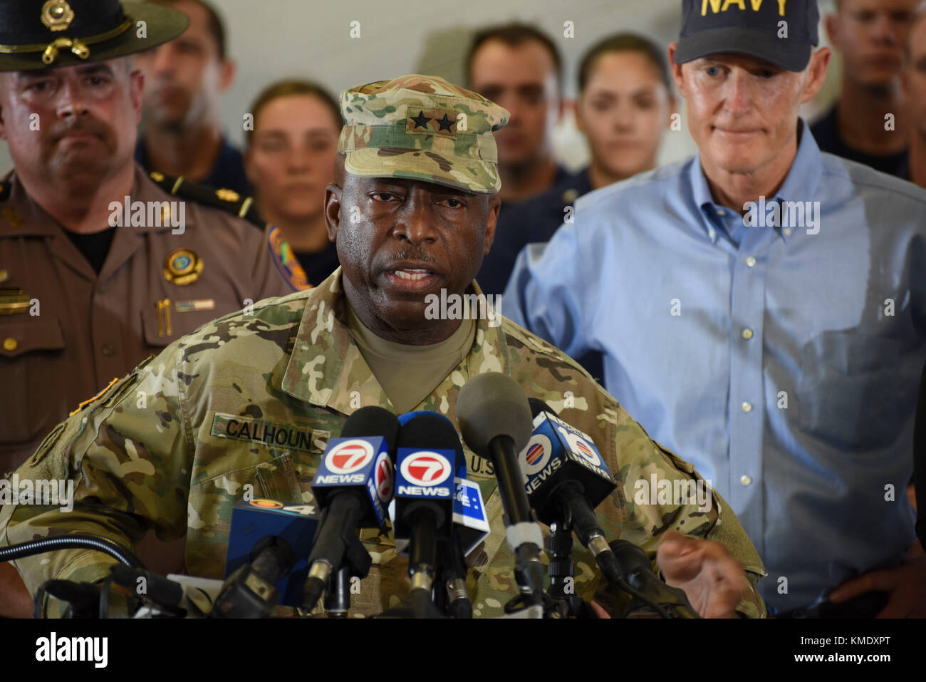 U.S. Army National Guard Florida Adjutant General Michael Calhoun speaks about the aftermath of Hurricane Irma during a press conference at the Coast Guard Air Station Miami September 11, 2017 in Opa Locka, Florida. (photo by PO1 Mark Barney  via Planetpix) Stock Photo