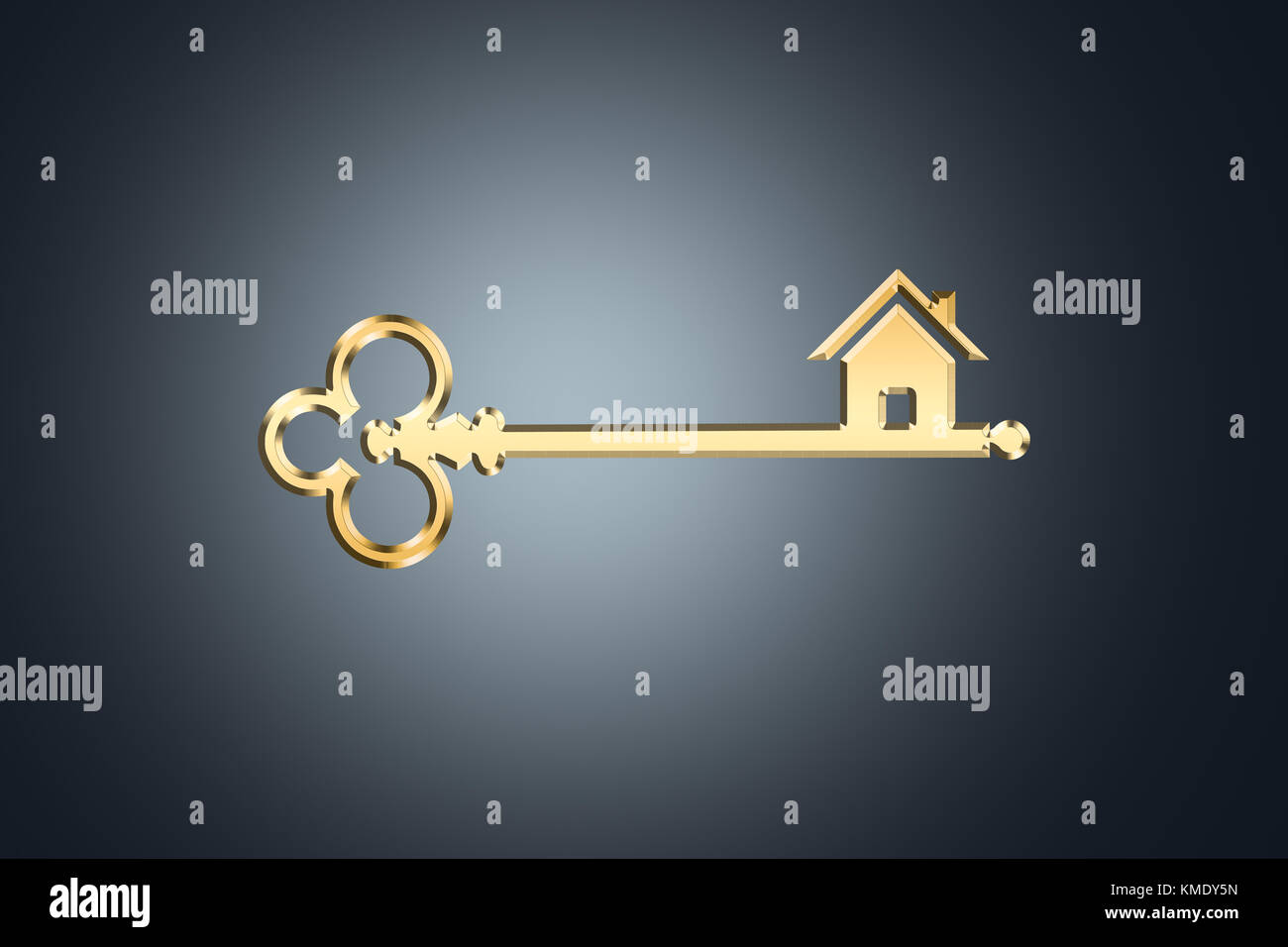Illustrative golden key with house icon focusing real estate Stock