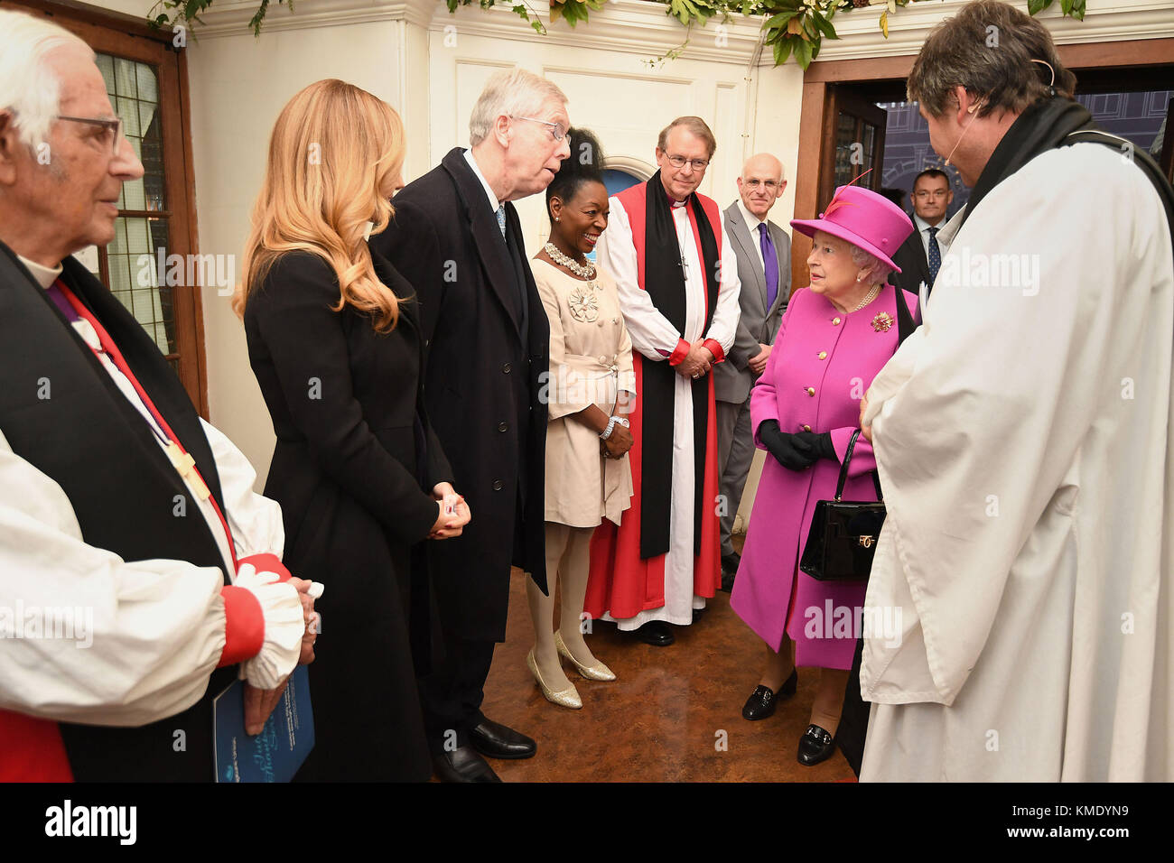 Queen Elizabeth II talks to Katherine Jenkins and Floella Benjamin at the Scripture Union's 150th anniversary service of celebration at St Mary's Church in London. Stock Photo