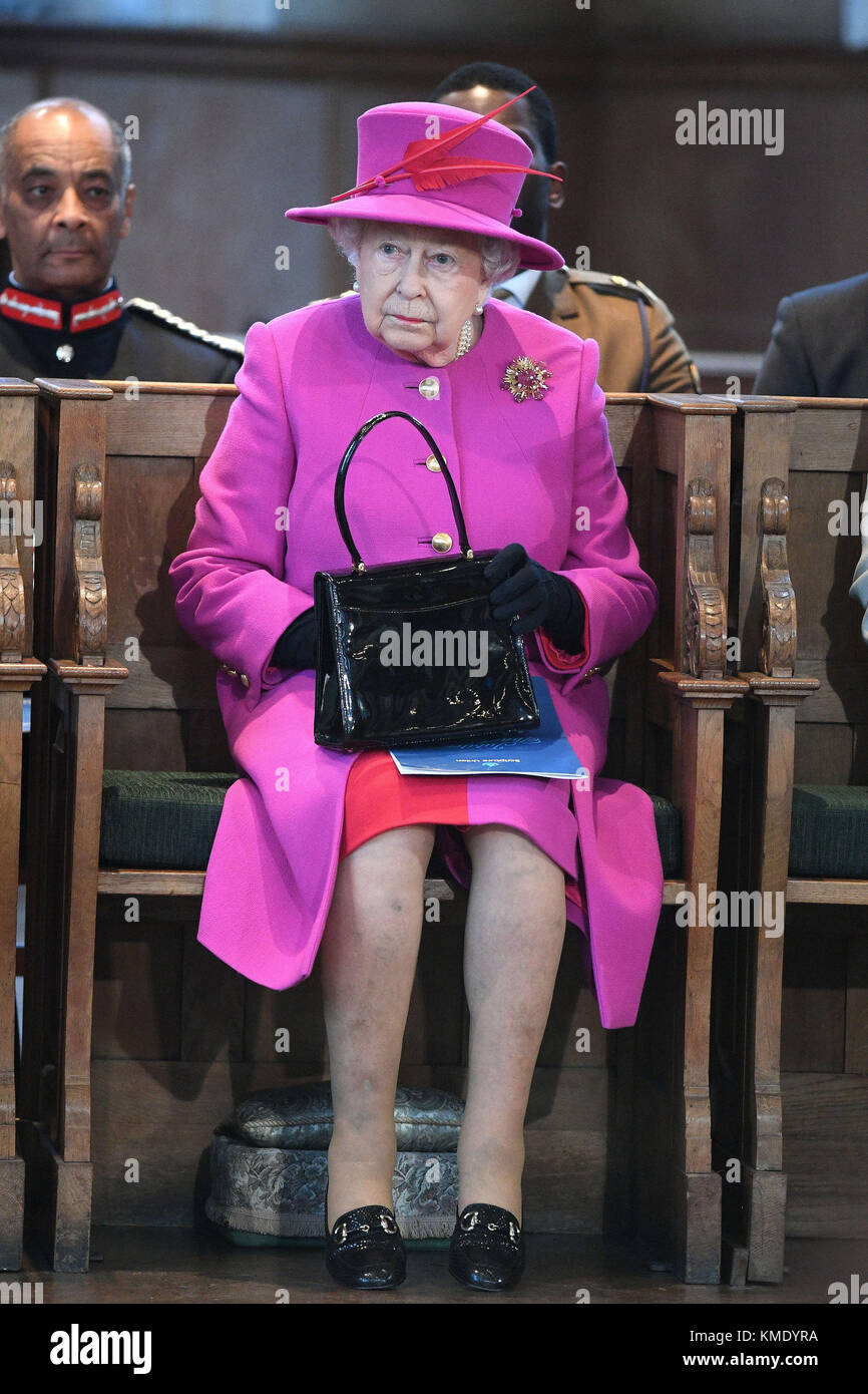 Queen Elizabeth II attends Scripture Union's 150th anniversary service of celebration at St Mary's Church in London. Stock Photo