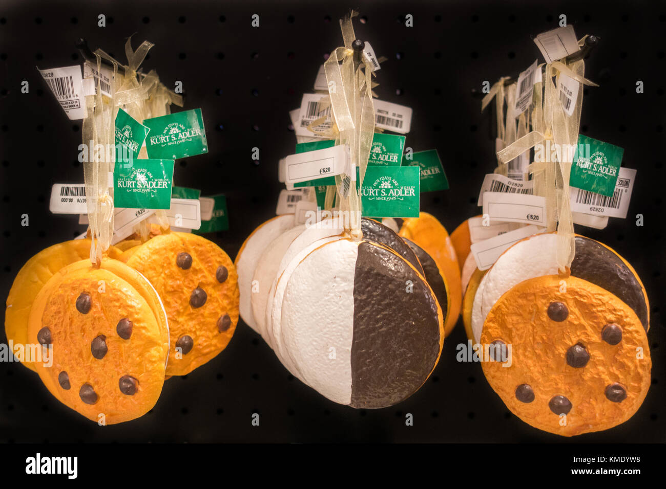 Christmas ornaments in the shape of chocolate chip cookies Stock Photo
