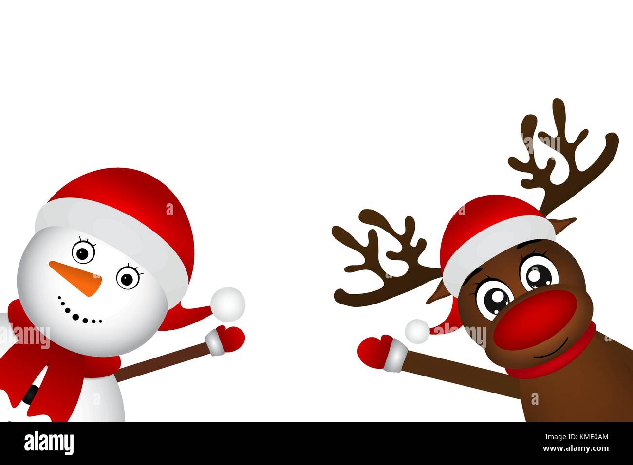 Snowman with reindeer standing on a white background Stock Vector