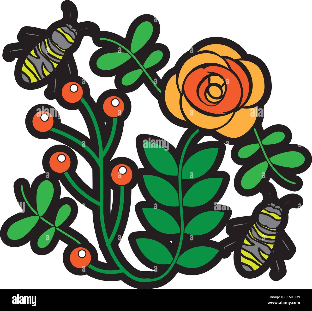 bees flying over some flowers branch leaves Stock Vector