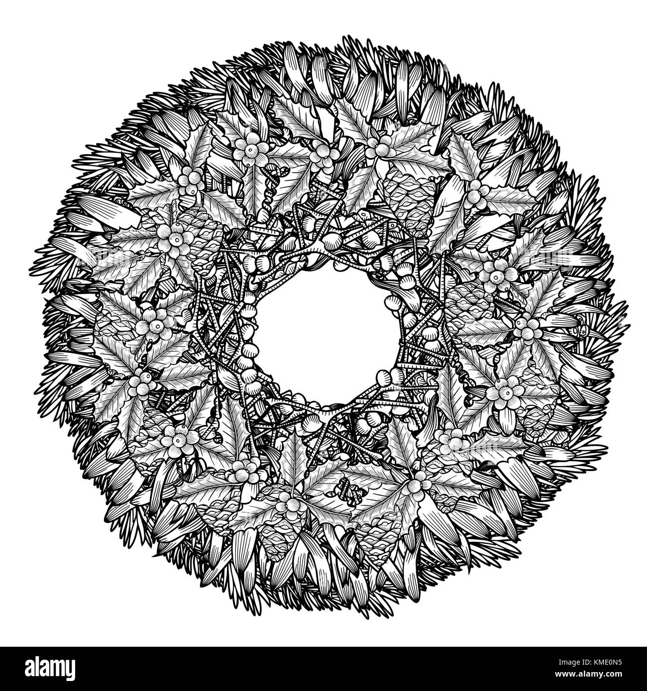 Christmas wreath. Vector hand drawn illustration with fir tree branches ...