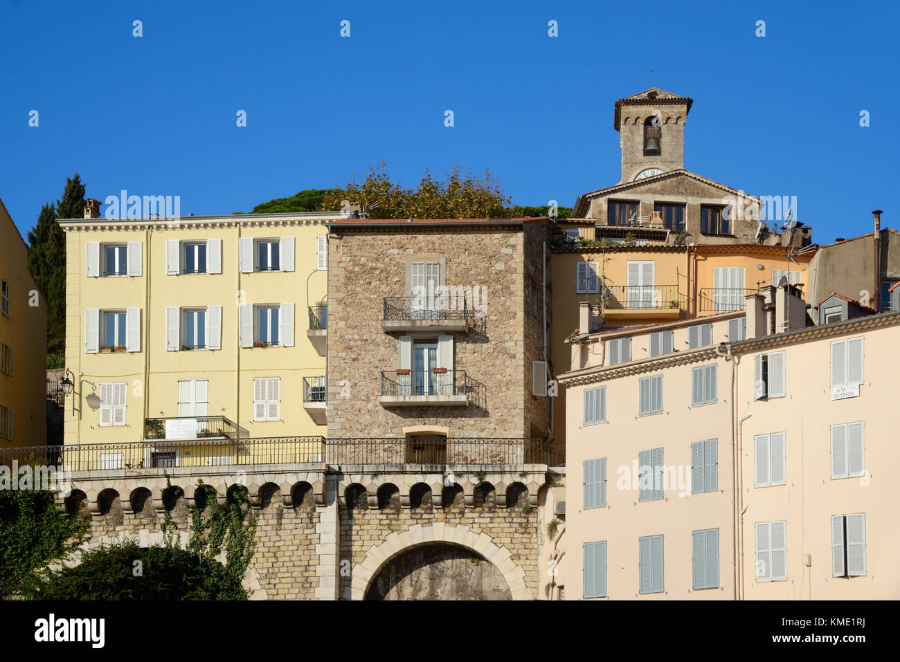 View of Le Suquet Old Town, and Belfry or Clock Tower of the Church Notre-Dame d'Esperance, Cannes, France Stock Photo