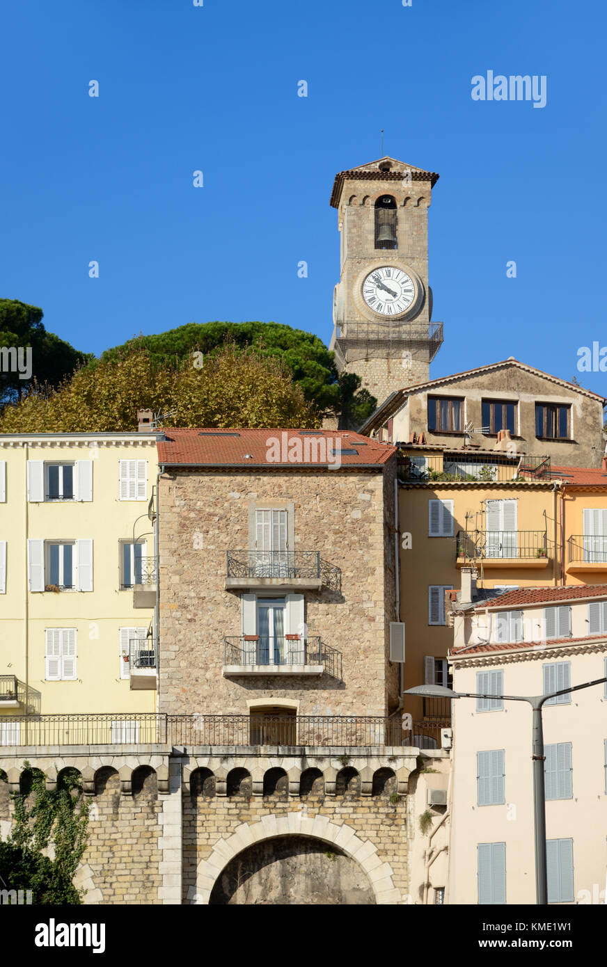 View of Le Suquet Old Town, and Belfry or Clock Tower of the Church Notre-Dame d'Esperance, Cannes, France Stock Photo