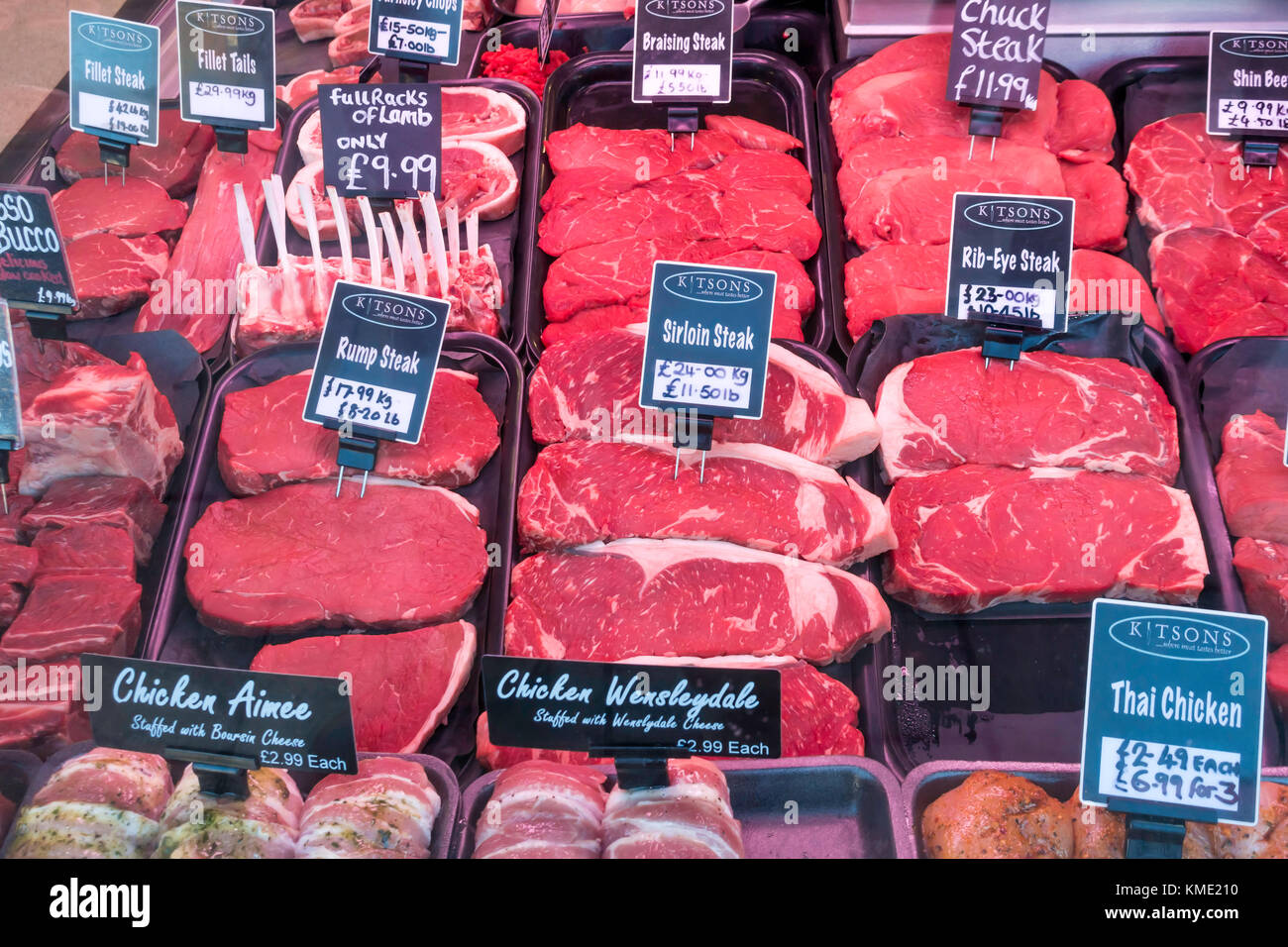 Display of beef steak, lamb, beef and Chicken at a Butchers shop in a