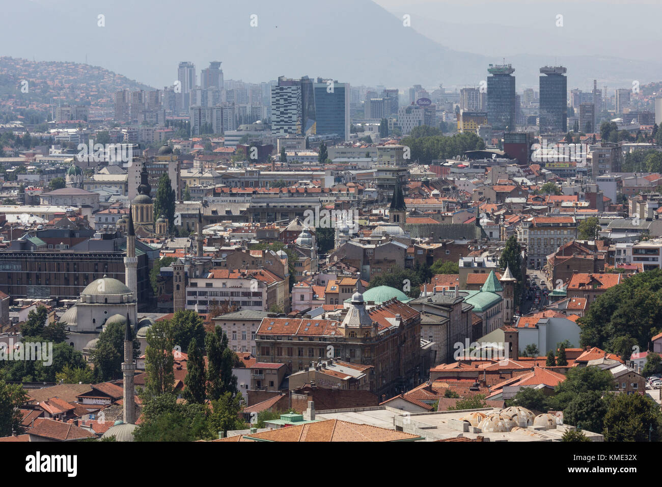 SARAJEVO, BOSNIA AND HERZEGOVINA - AUGUST 19 2017: Panoramiv view of Sarajevo from Yellow fortress, with skycrapers in the background Stock Photo