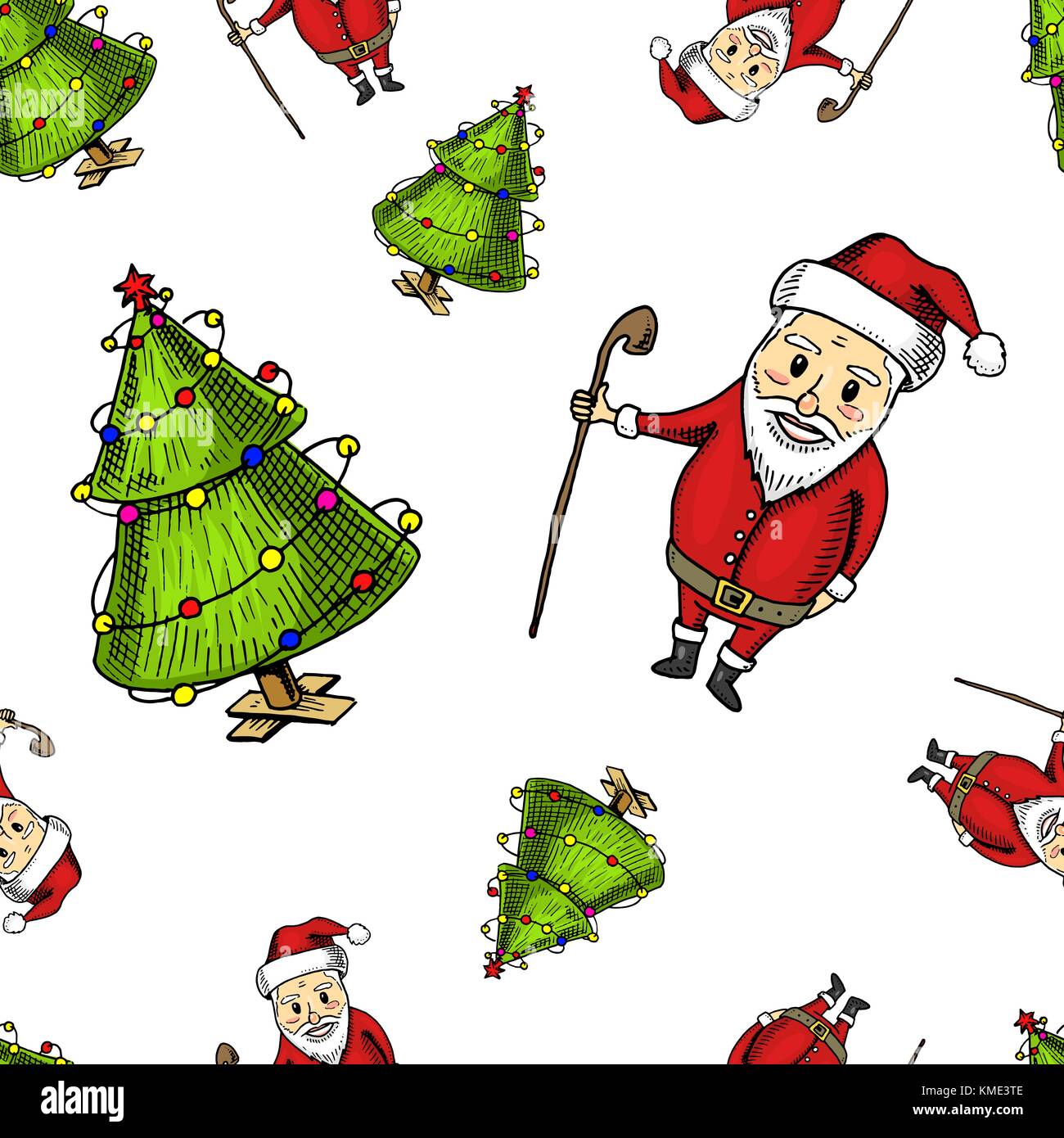 Seamless Pattern Tree And Santa Claus Merry Christmas Or