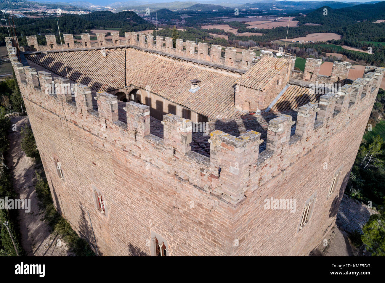 Aerial view of Balsareny castle, gothic style fortress dated in 931 and located above a hill in the city of Balsareny, Catalonia Stock Photo