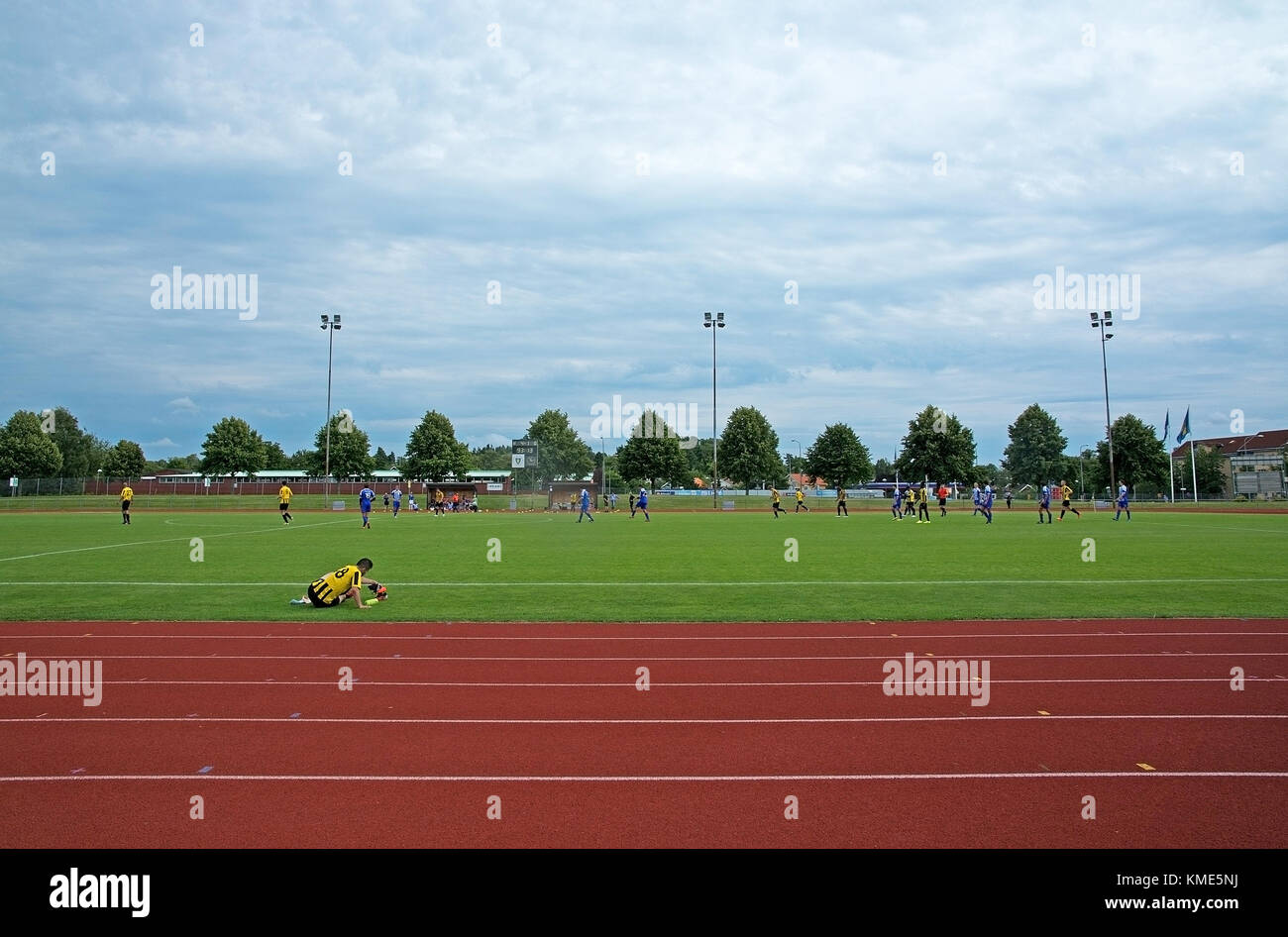 SPANGA, STOCKHOLM, SWEDEN - AUGUST 8, 2015: Soccer game at Spanga IP between home team Spanga IP and Ursvik in 4th division North on August 8, 2015 in Stock Photo