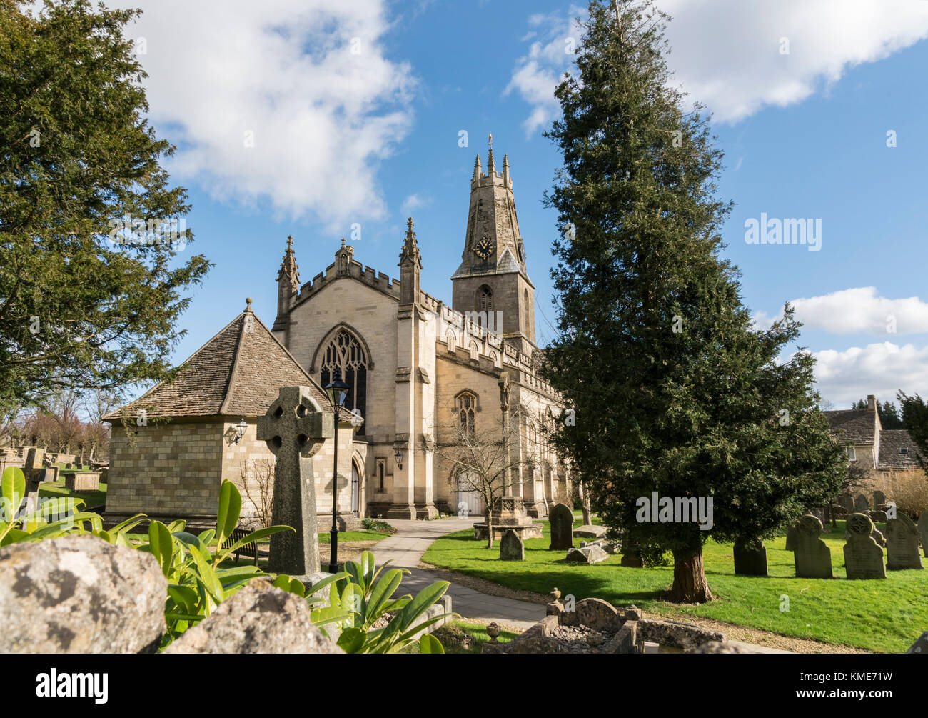 The parish church of The Holy Trinity in Minchinhampton, Gloucestershire, UK. Minchinhampton is an ancient market town in The Cotswolds, UK Stock Photo