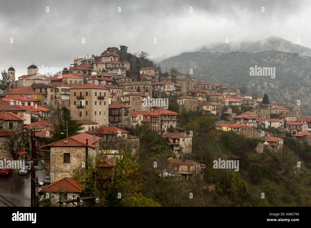 View of Dimitsana, a beautiful traditional village in the mountainous region of Gortynia, in Arcadia, central Peloponnese, Greece. Stock Photo