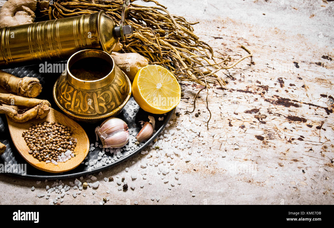 Download Old Mill With Spices And Herbs On The Tray On Rustic Background Stock Photo Alamy Yellowimages Mockups