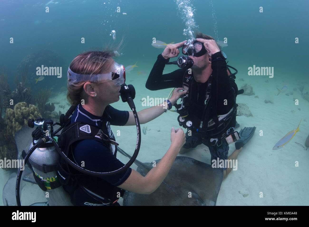Scuba divers perform mask clearing skills in the shallow water of