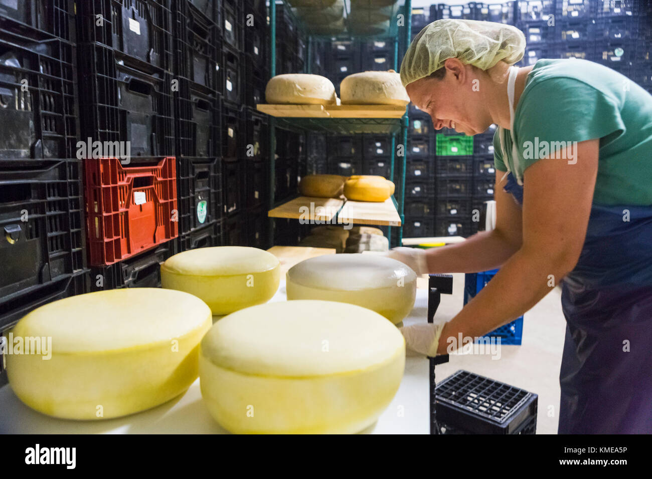 Farmer Caterina Mahoney of Brookford Farm applies wax to a wheel of gouda cheese. Stock Photo