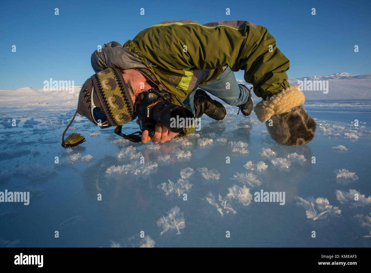 A photographer takes a close-up of frost flowers/crystals along the shores of the Arctic Ocean outside Arctic Bay,Nunavut. Stock Photo