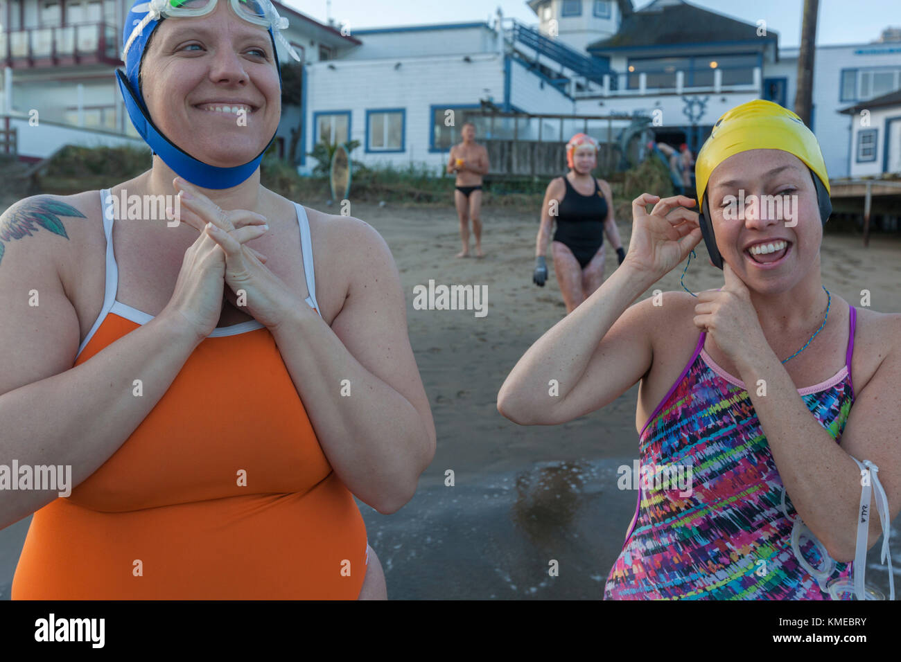 two smiling women in swimsuits, Dolphin Club, San Francisco, California, USA Stock Photo