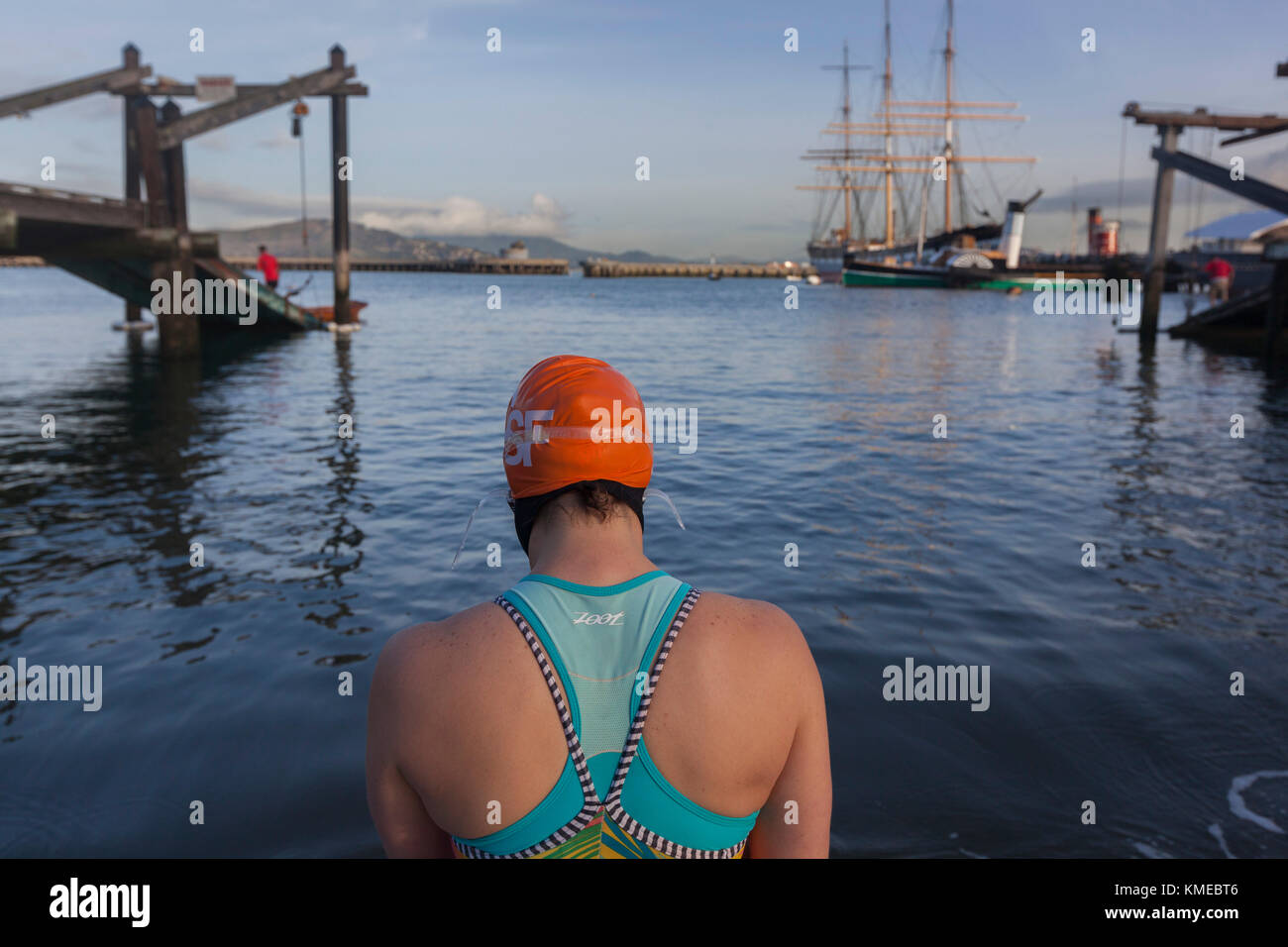 rear view of person in swimsuit, Dolphin Club, San Francisco, California, USA Stock Photo