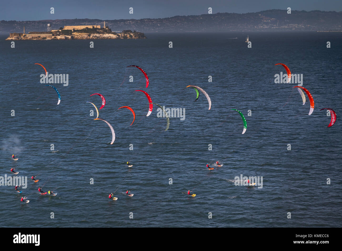 Kite boarding race, Alcatraz Island, San Francisco Bay, California, USA Stock Photo