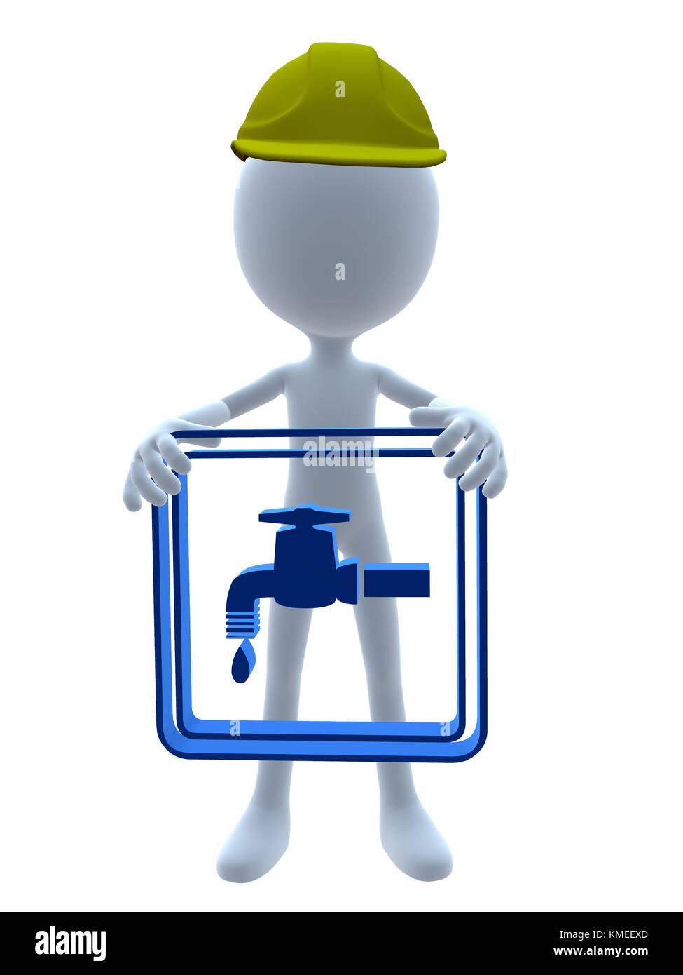 3d Hardhat Guy Holding A 3d Faucet On A White Background Stock