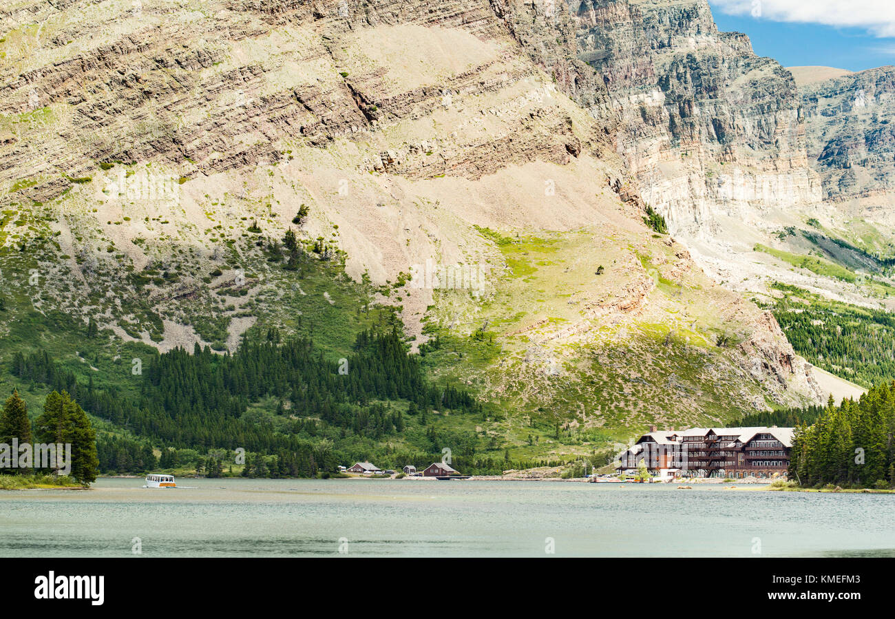 Glacier hotel and Swift Current Lake,Glacier National Park,Montana,USA Stock Photo