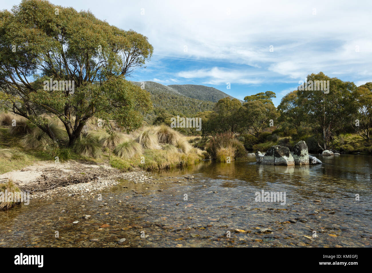 The Thredbo River at Thredbo Diggings in Kosciuszko National Park in the Snowy Mountains in southern New South Wales. Stock Photo