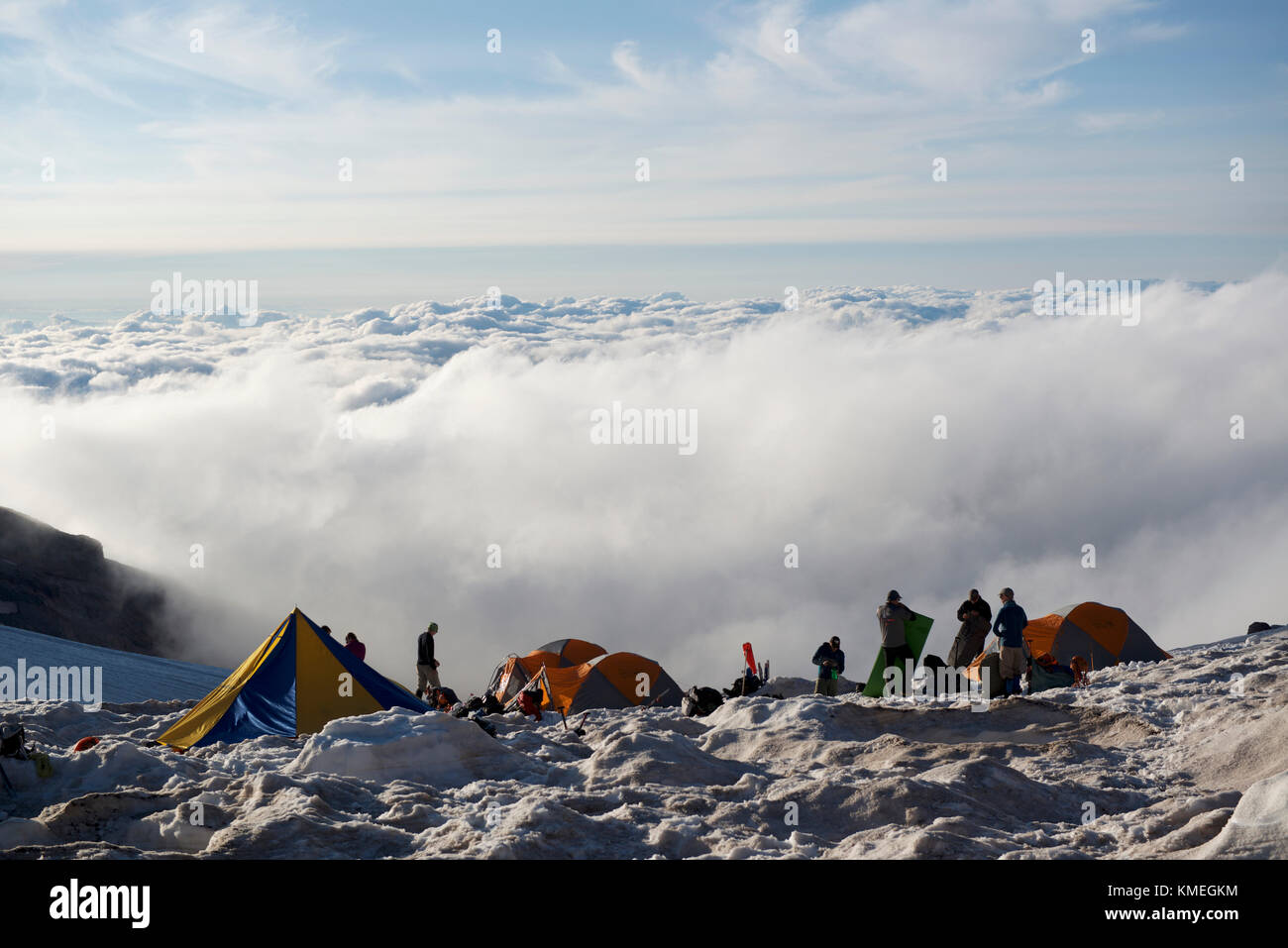 Group of mountain climbers and tents at Camp Schurman on Mount Rainier
