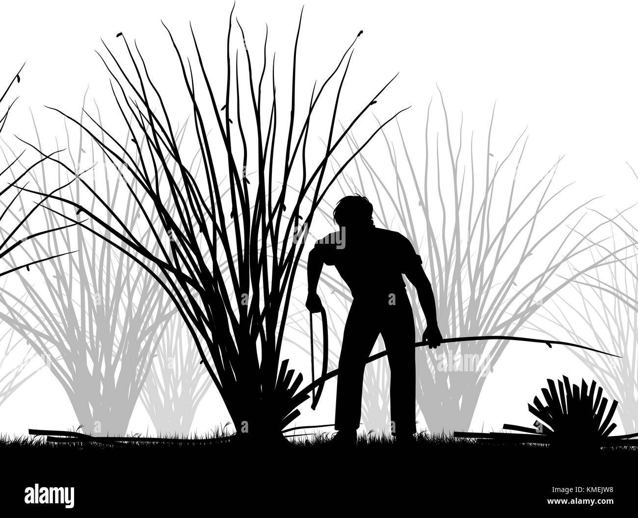 Editable vector cutout illustration of a man coppicing trees Stock Vector