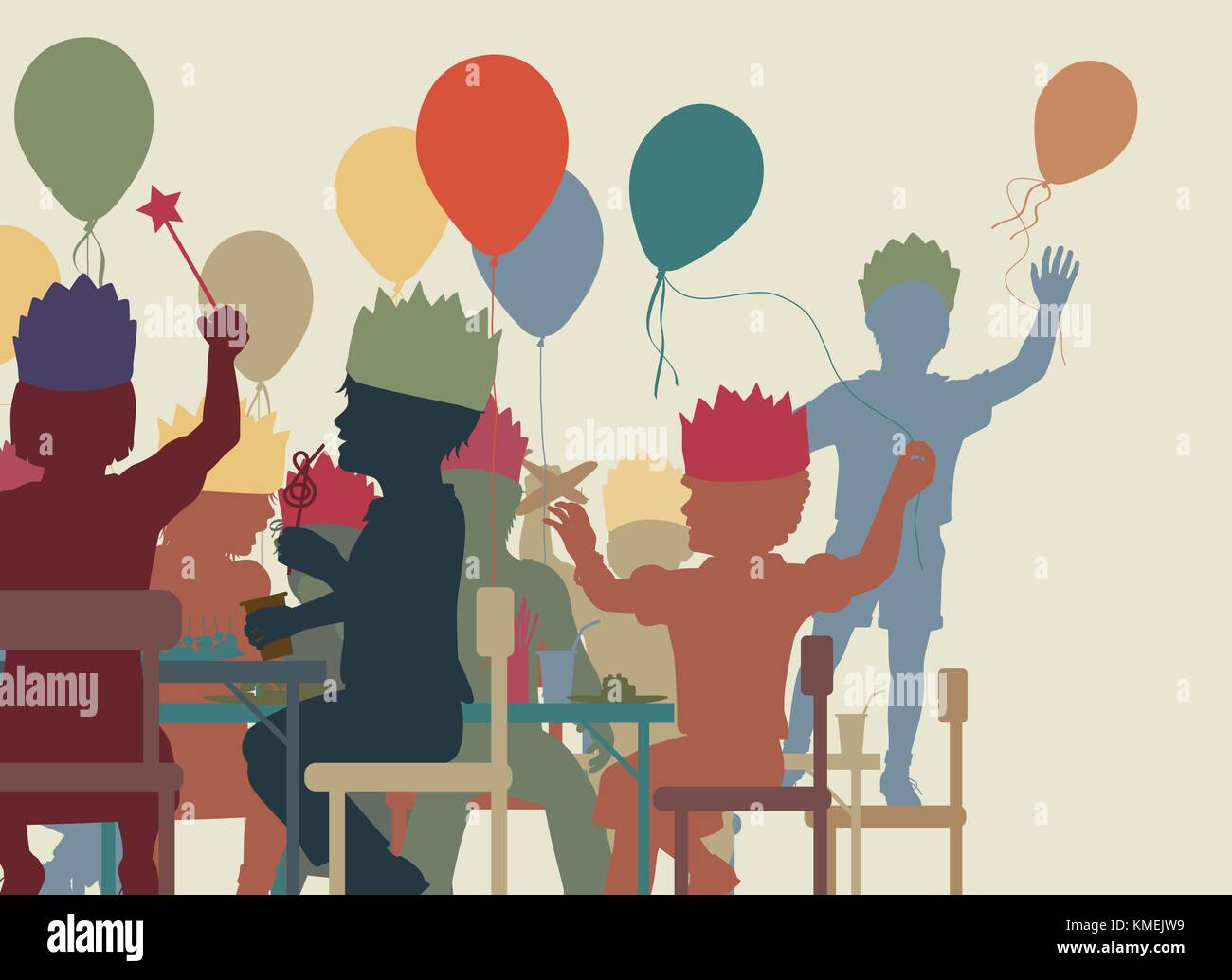 Colorful editable vector cutout illustration of young children having a party Stock Vector