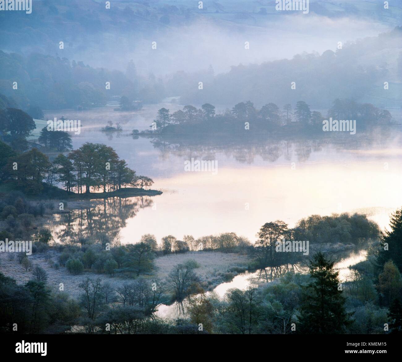 Rydal Water in the Lake District National Park near Grasmere, Ambleside and Windermere. Cumbria, England. Winter morning frost. Stock Photo