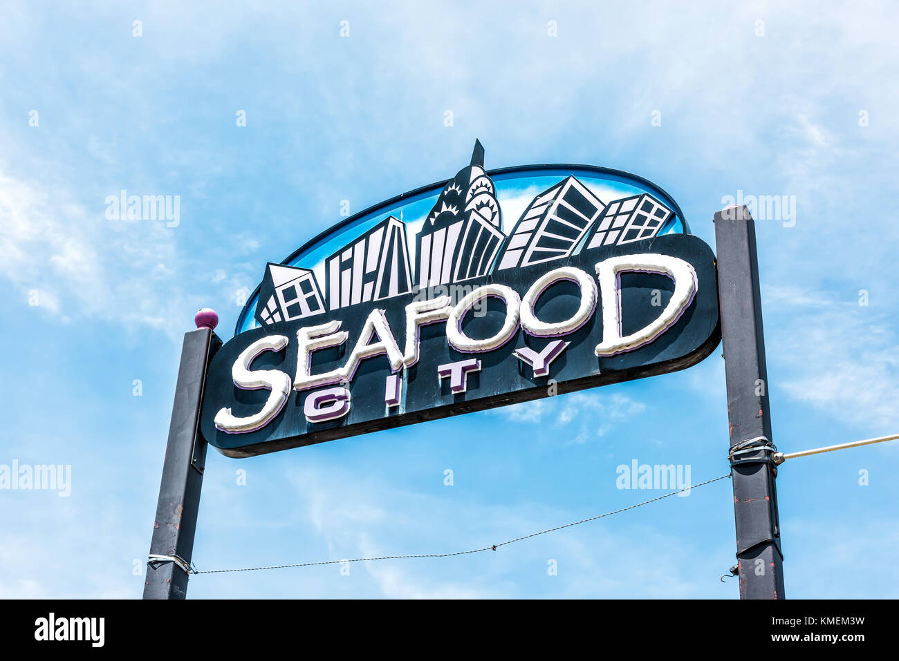 Bronx, USA - June 11, 2017: Restaurant sign in City Island called Seafood City on the water waterfront Stock Photo