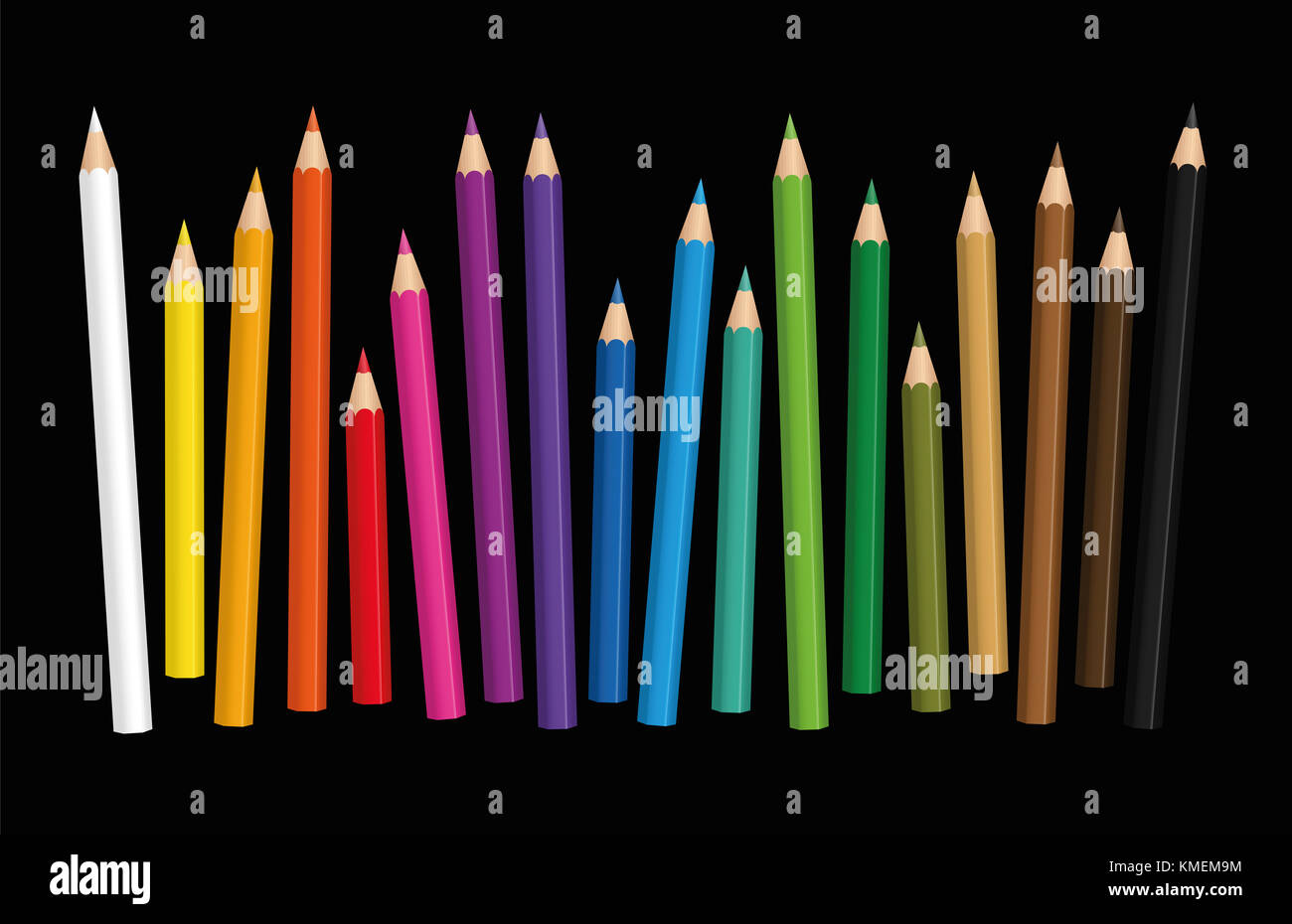 Crayons - loosely arranged colorful set of pencils in different lengths with wood textured tips, upright standing in a row. Stock Photo