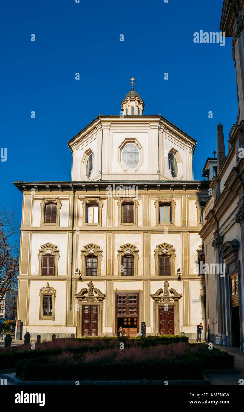 San Bernardino alle Ossa is a church in Milan, Lombardy, Italy best known for its ossuary, a small side chapel decorated with numerous human skulls Stock Photo