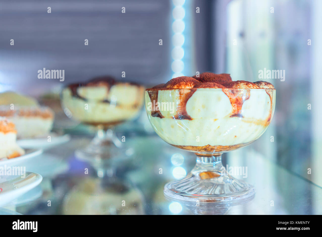 Selection of frozen tiramisu in the fridge on display at the cafe in Positano town, Amalfi coast