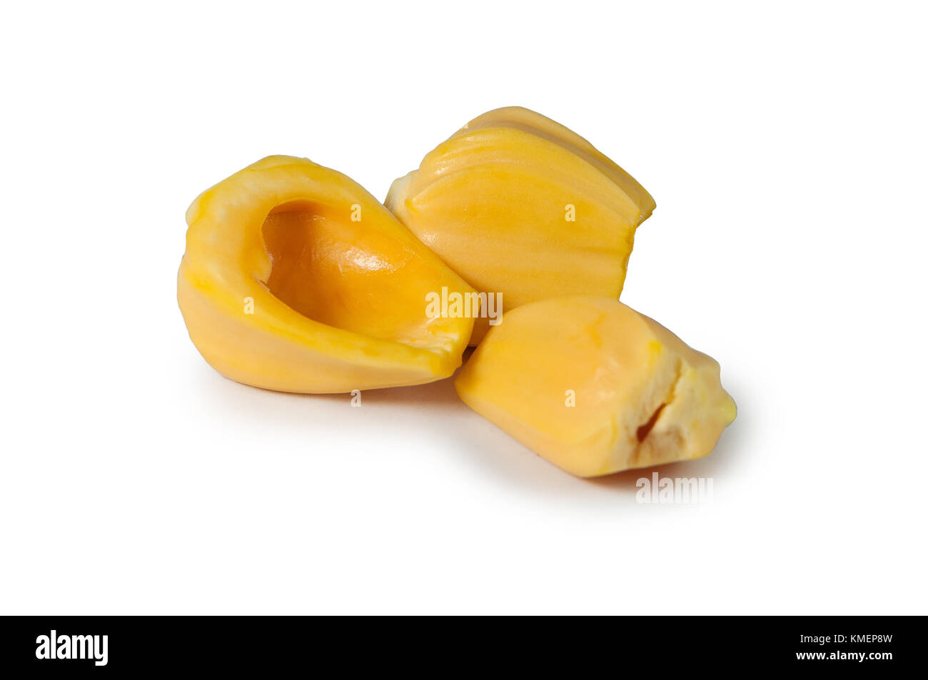 Fresh delicious three flesh of jackfruit isolated on clean white background Stock Photo