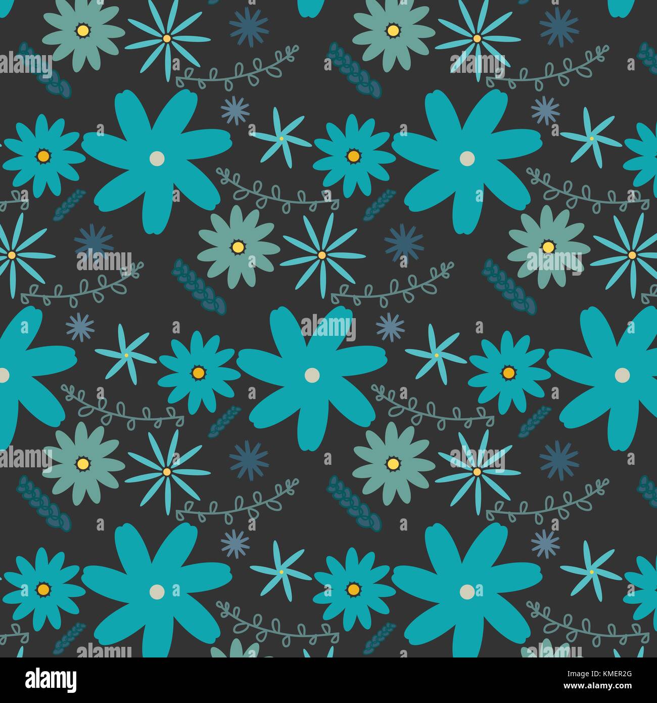 Vector floral pattern in doodle style with flowers and leaves. Gentle