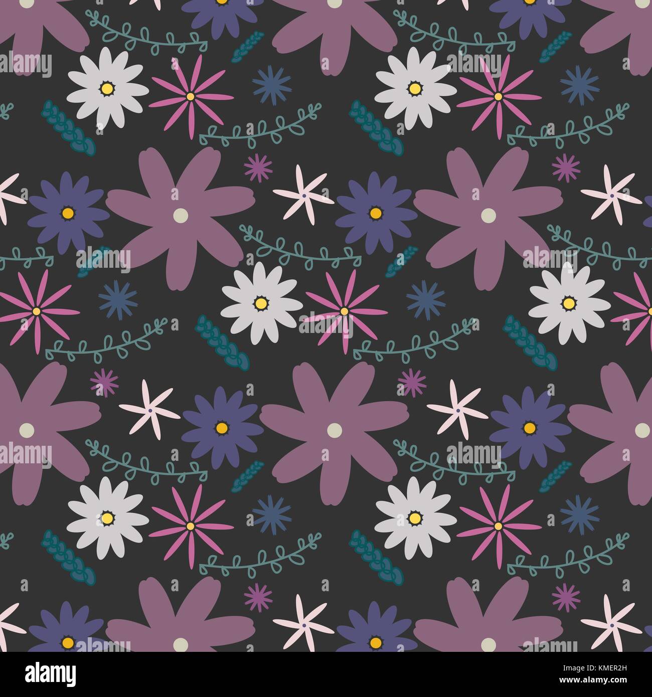 Vector floral pattern in doodle style with flowers and leaves. Gentle ...