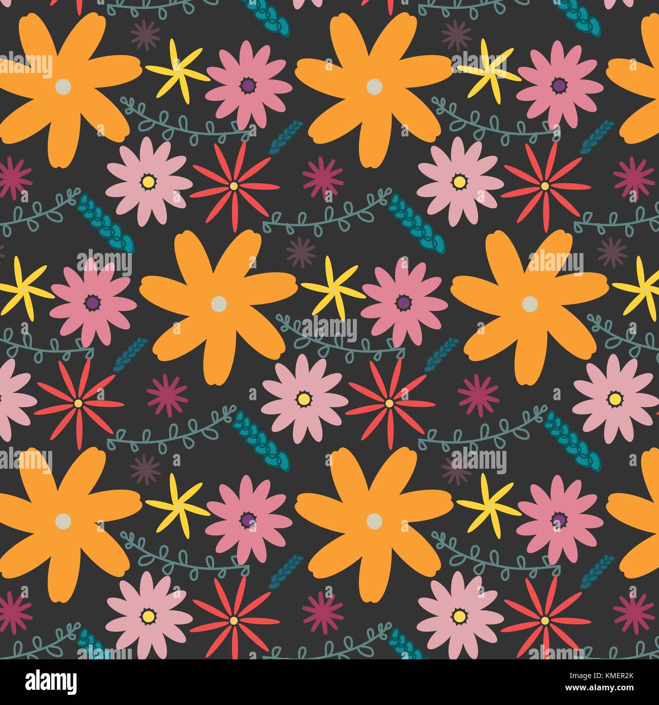 Vector floral pattern in doodle style with flowers and leaves. Gentle ...