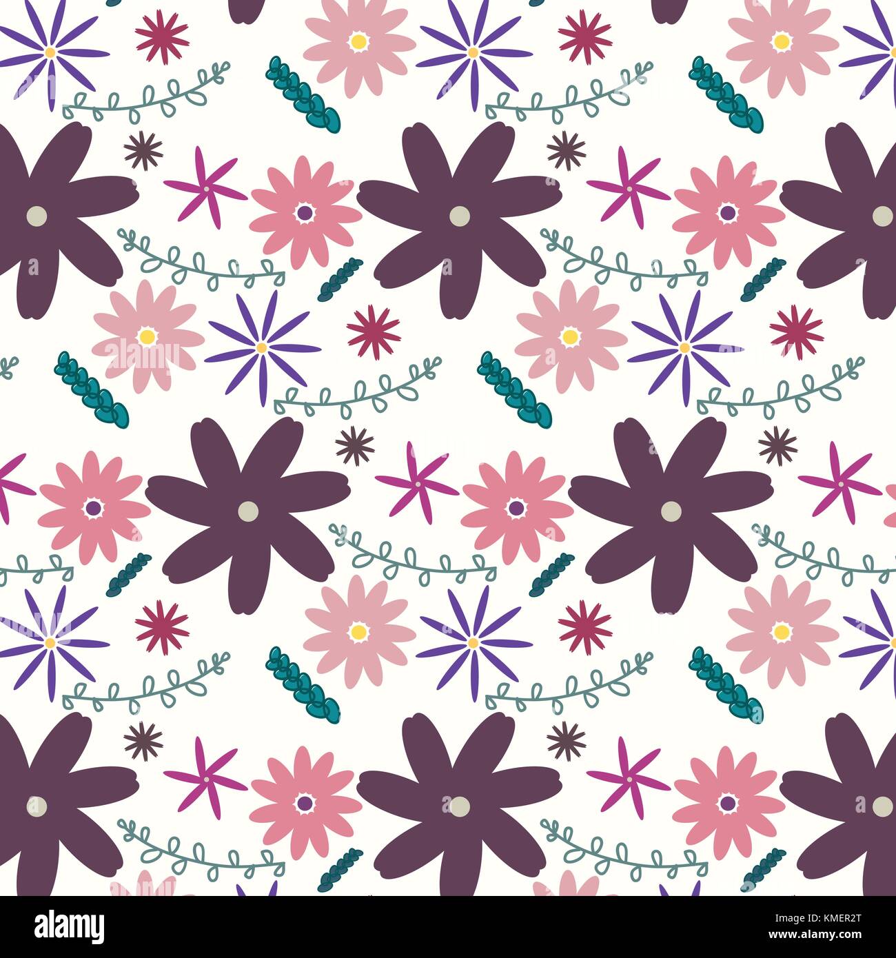 Vector floral pattern in doodle style with flowers and leaves. Gentle ...