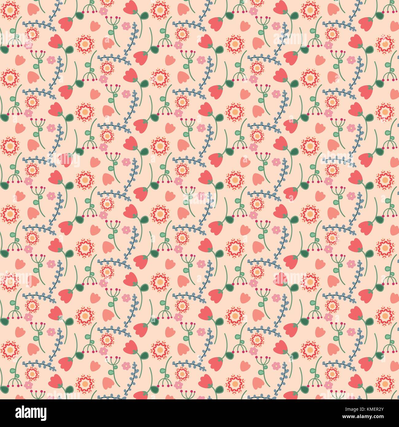 Vector floral pattern in doodle style with flowers and leaves. Gentle ...
