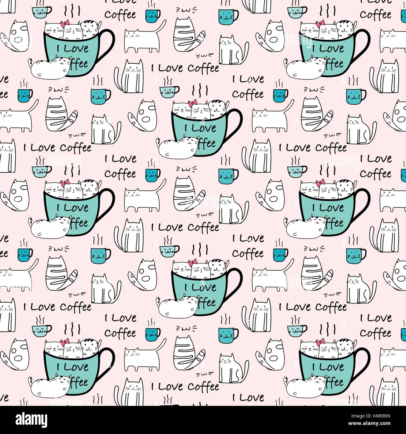 I Love Coffee Typography With Cute Cat Hand Drawn Vector Pattern Stock ...