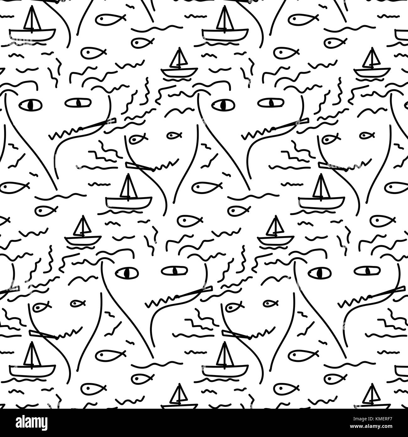 Doodle Abstract Pattern With Line Hand Drawn Face, Fish, Boat, Sea, And ...