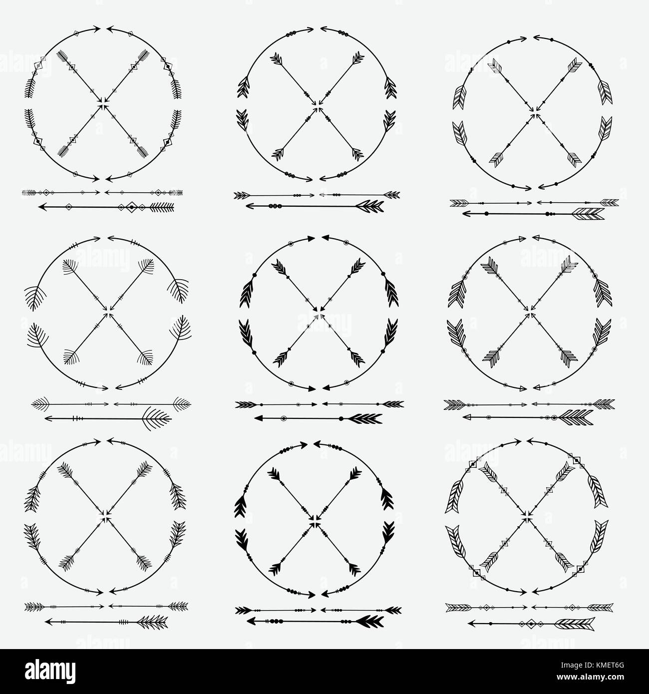 Pattern With Rounded Arrows Vector Set Of Arrows And Round Frames For Decoration. Handmade Vector ...
